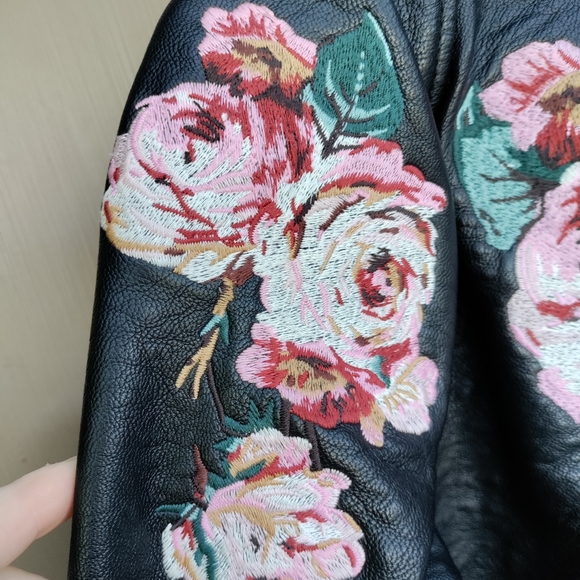 Joe's Collection Floral Embroidered Black Faux Leather Bomber Jacket - Picture 10 of 15